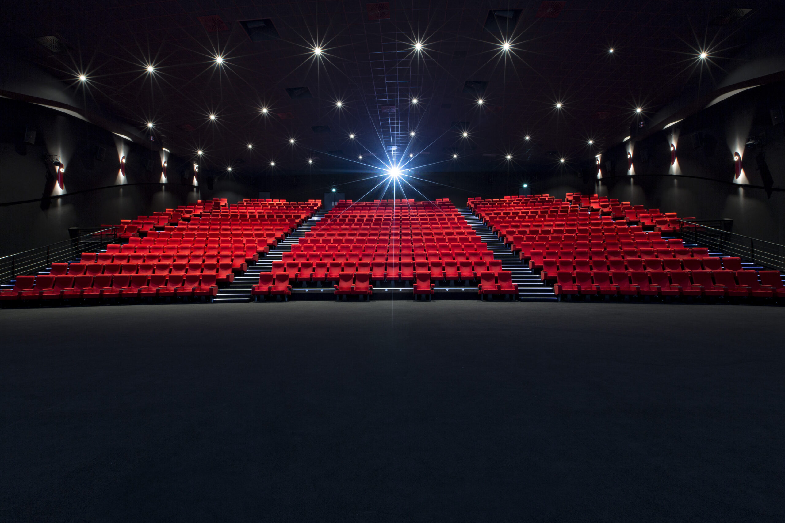 Vu d'ensemble de face d'une grande salle avec ses fauteuils en velours rouge.