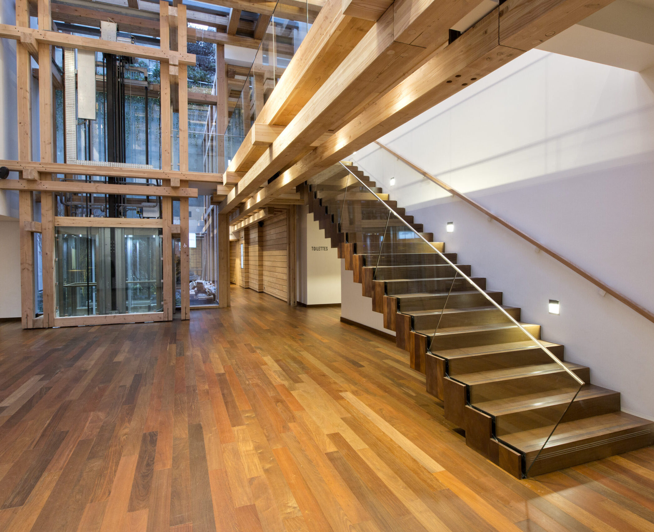 Espace moderne avec parquet, escalier en bois et verre, et ascenseur vitré entouré de structures en bois.