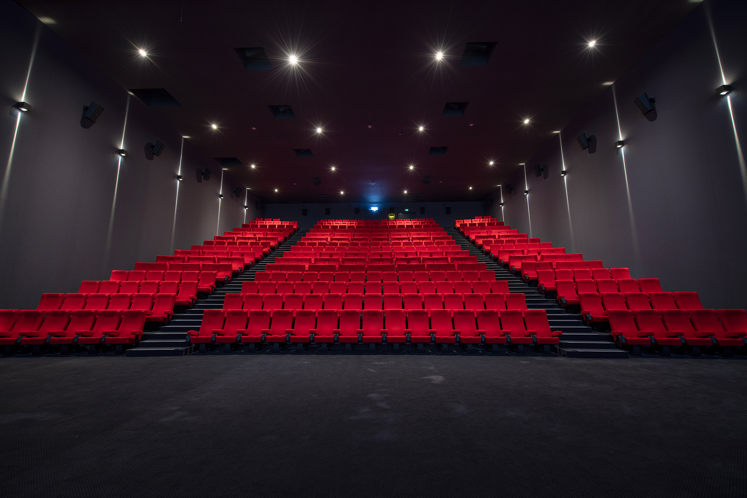 Vu d'ensemble de face d'une grande salle avec ses fauteuils en velours rouge.