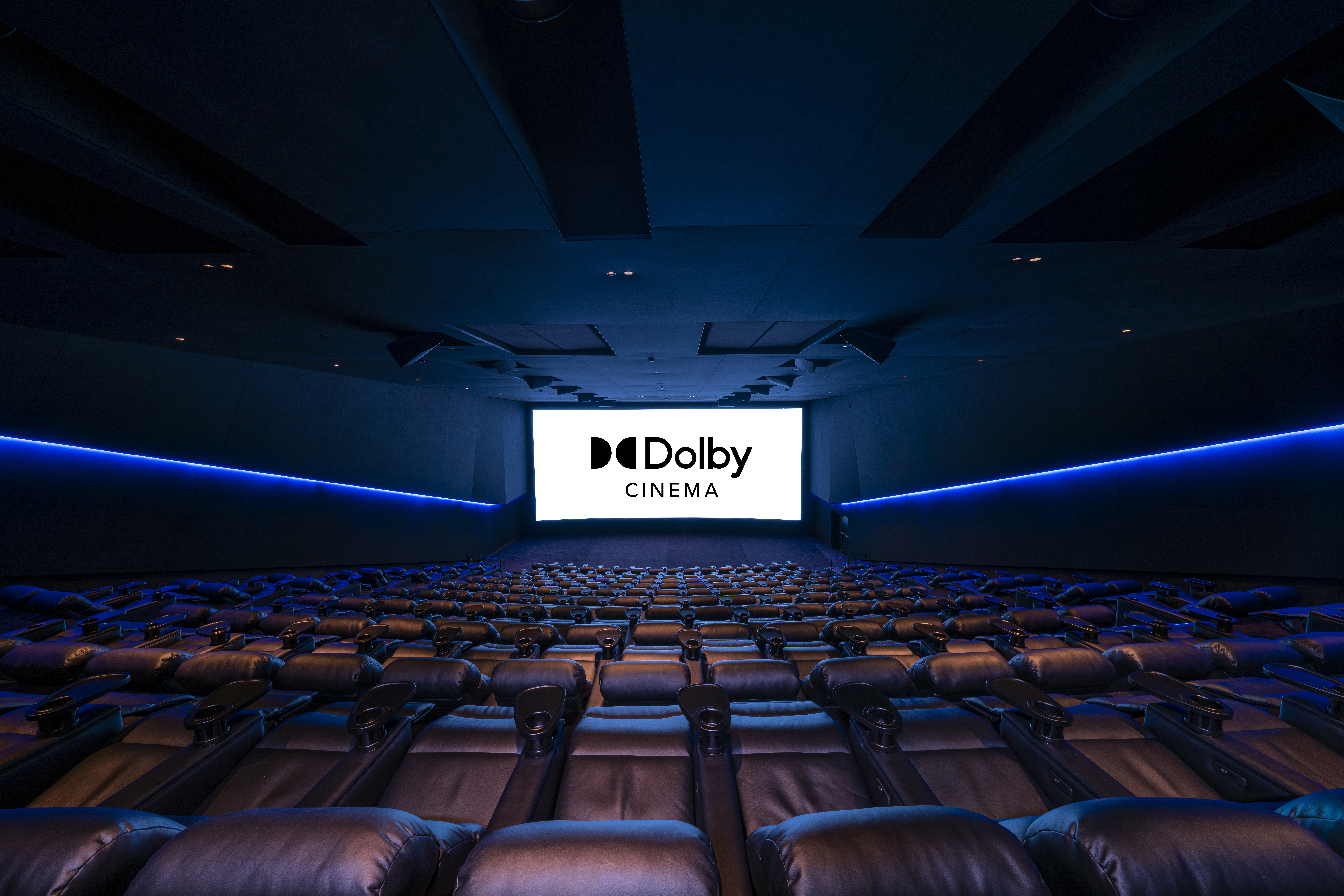 Grande salle de cinéma équipée de fauteuils en cuir noir et de la technologie Dolby Cinéma.