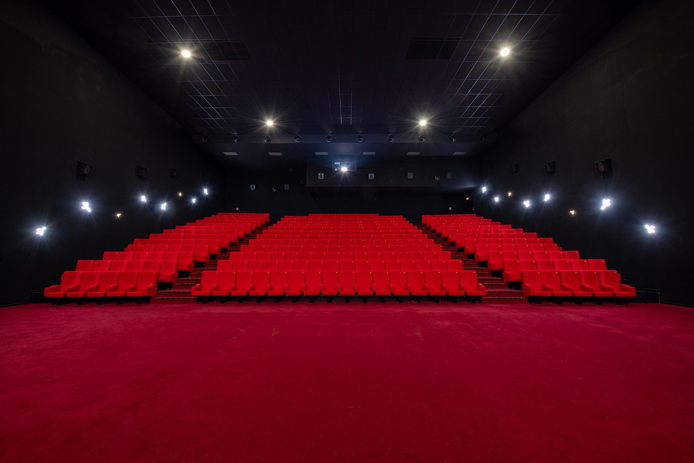 Vu d'ensemble de face d'une grande salle de cinéma avec ses fauteuils en velours rouge.