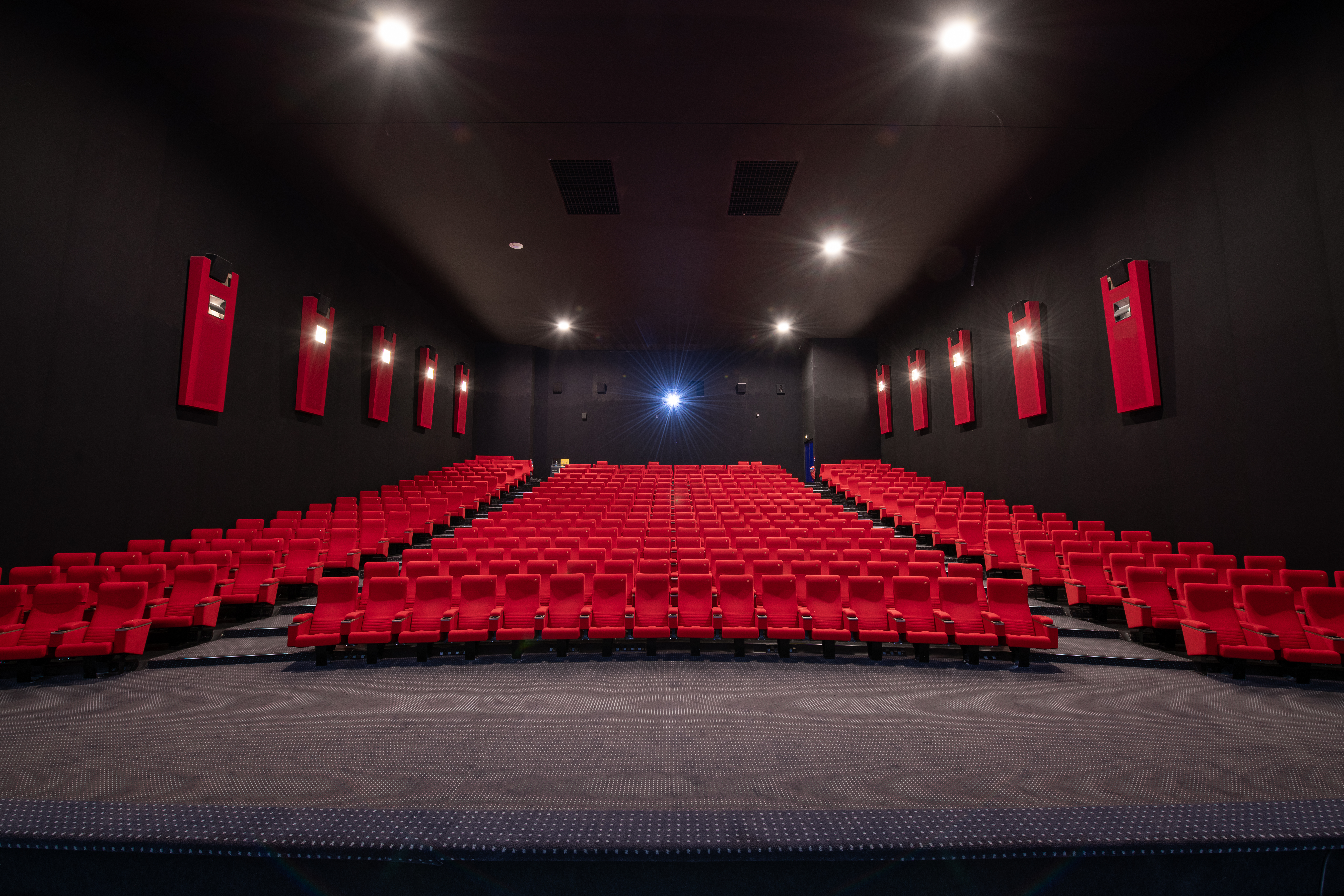 Vu d'ensemble de face d'une grande salle avec ses fauteuils en velours rouge.
