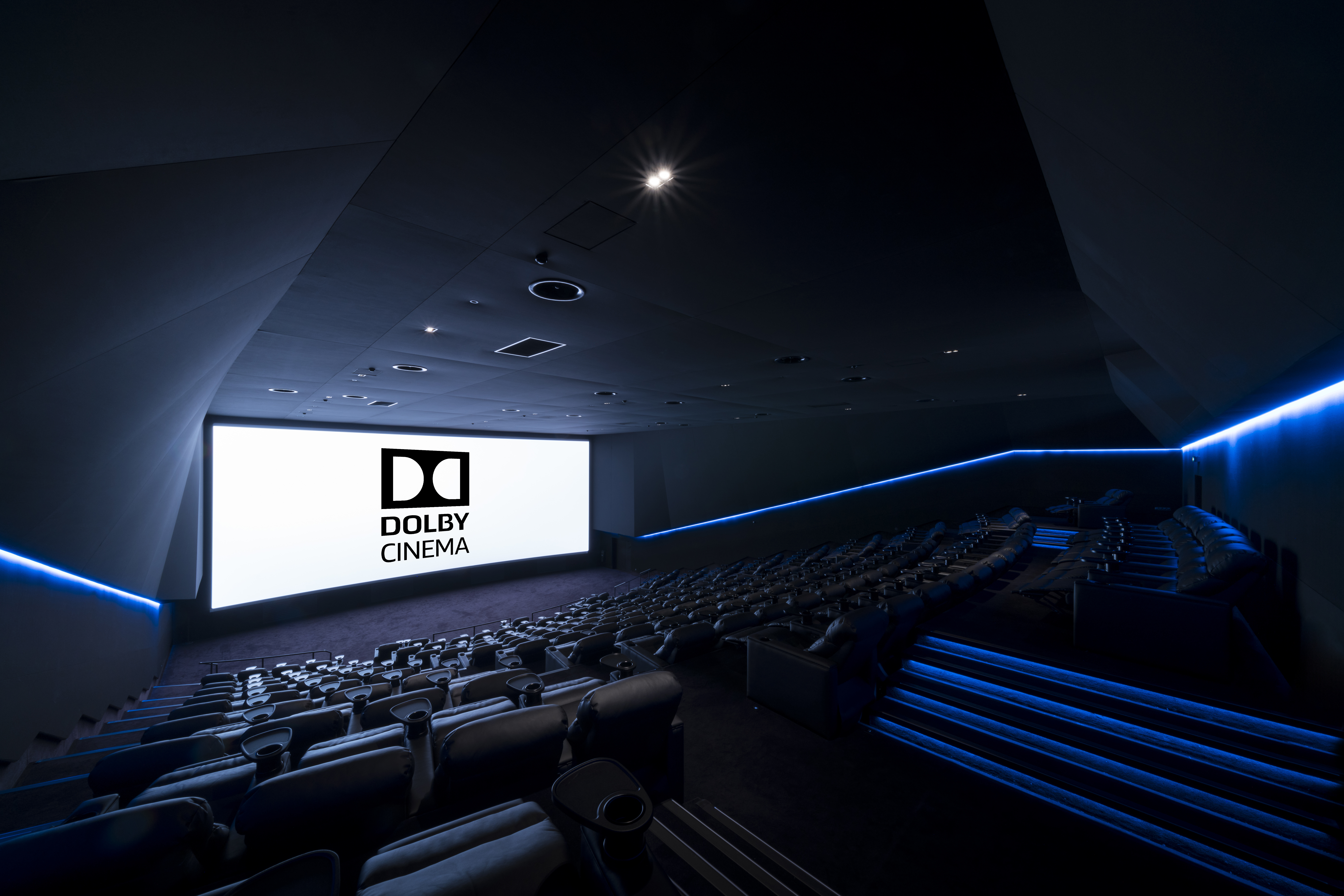 Grande salle de cinéma équipée de fauteuils en cuir noir et de la technologie Dolby Cinéma.