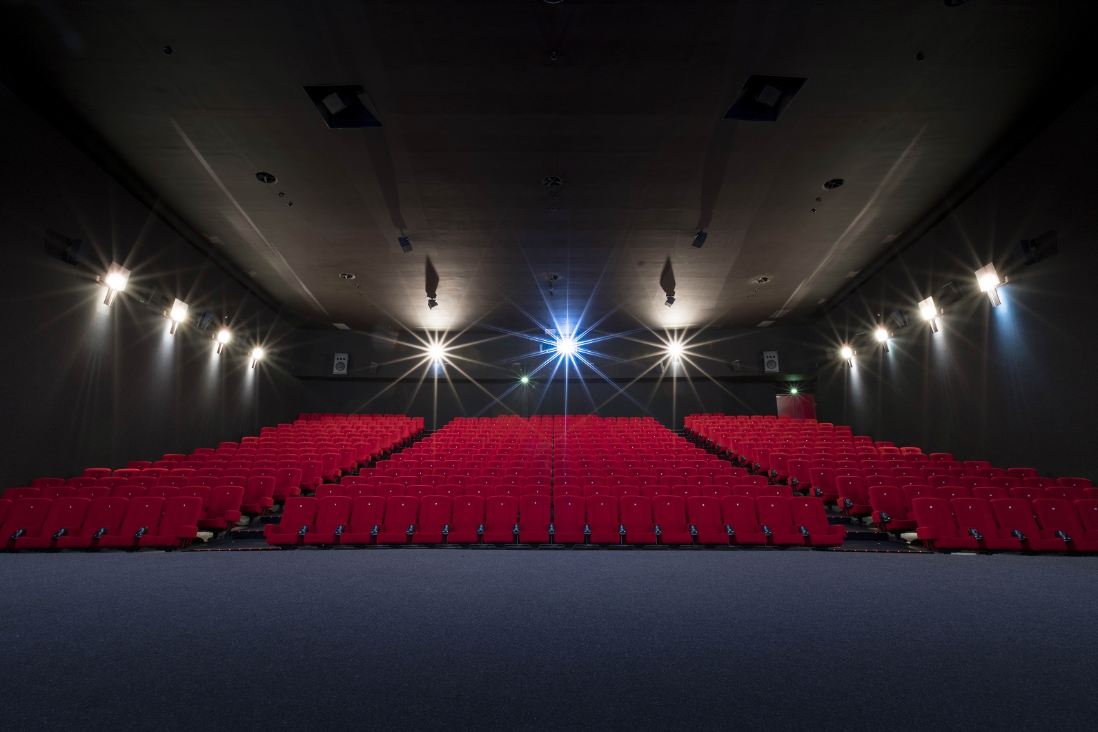Vu d'ensemble de face d'une grande salle avec ses fauteuils en velours rouge.
