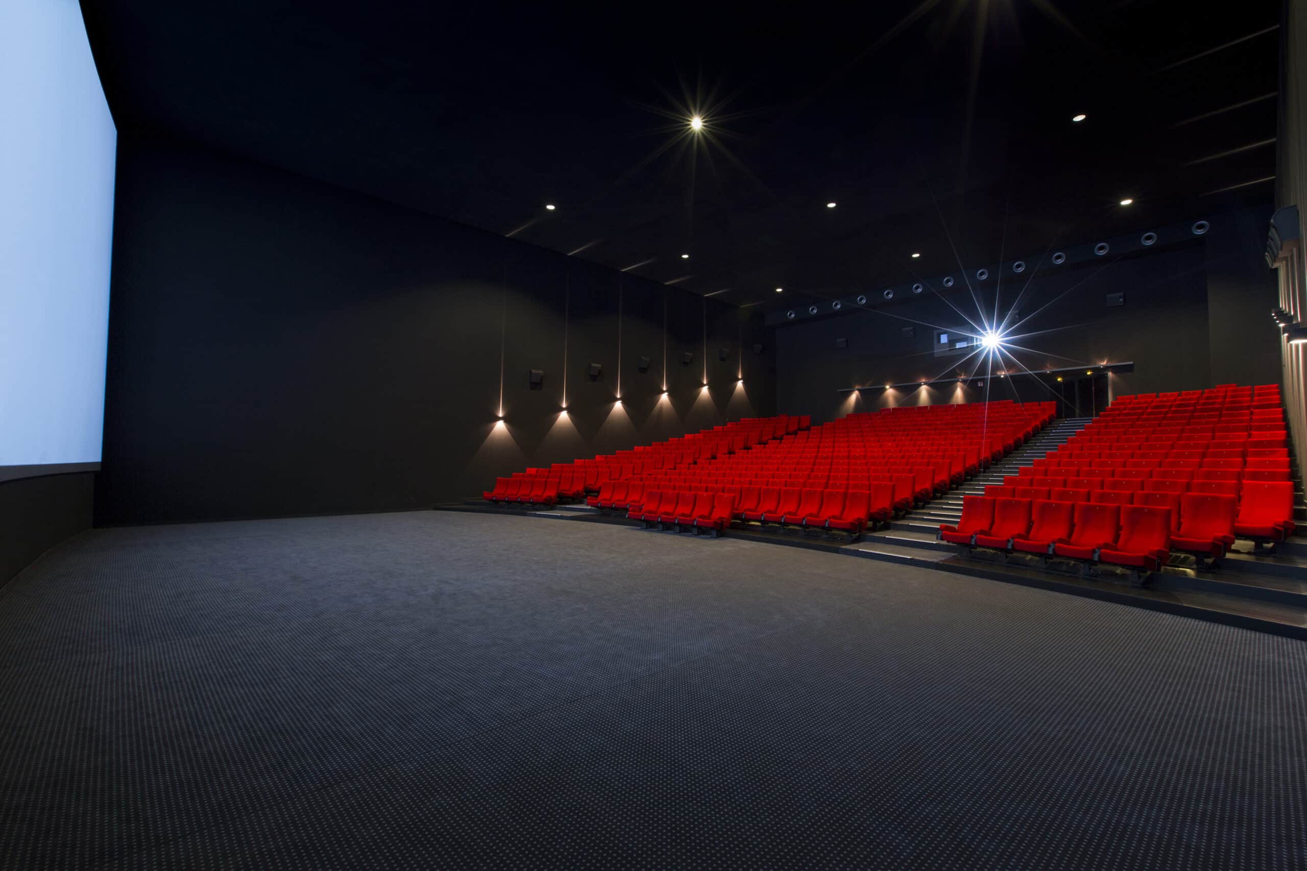 Vue latérale de la salle de cinéma montrant les fauteuils en velours rouges et l’agencement des rangées ainsi qu'une partie de son espace scénique.