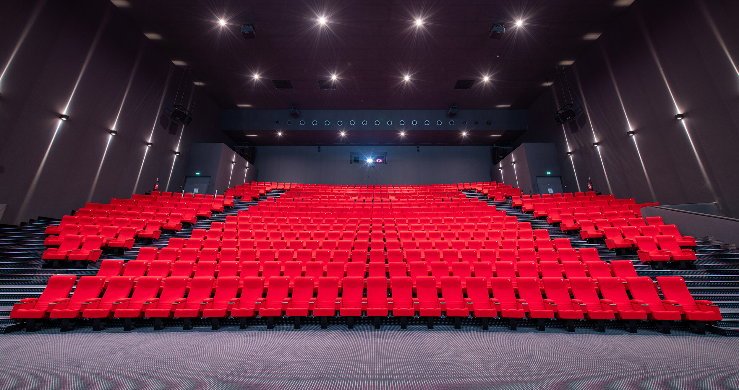 Vu d'ensemble de face d'une grande salle avec ses fauteuils en velours rouge.
