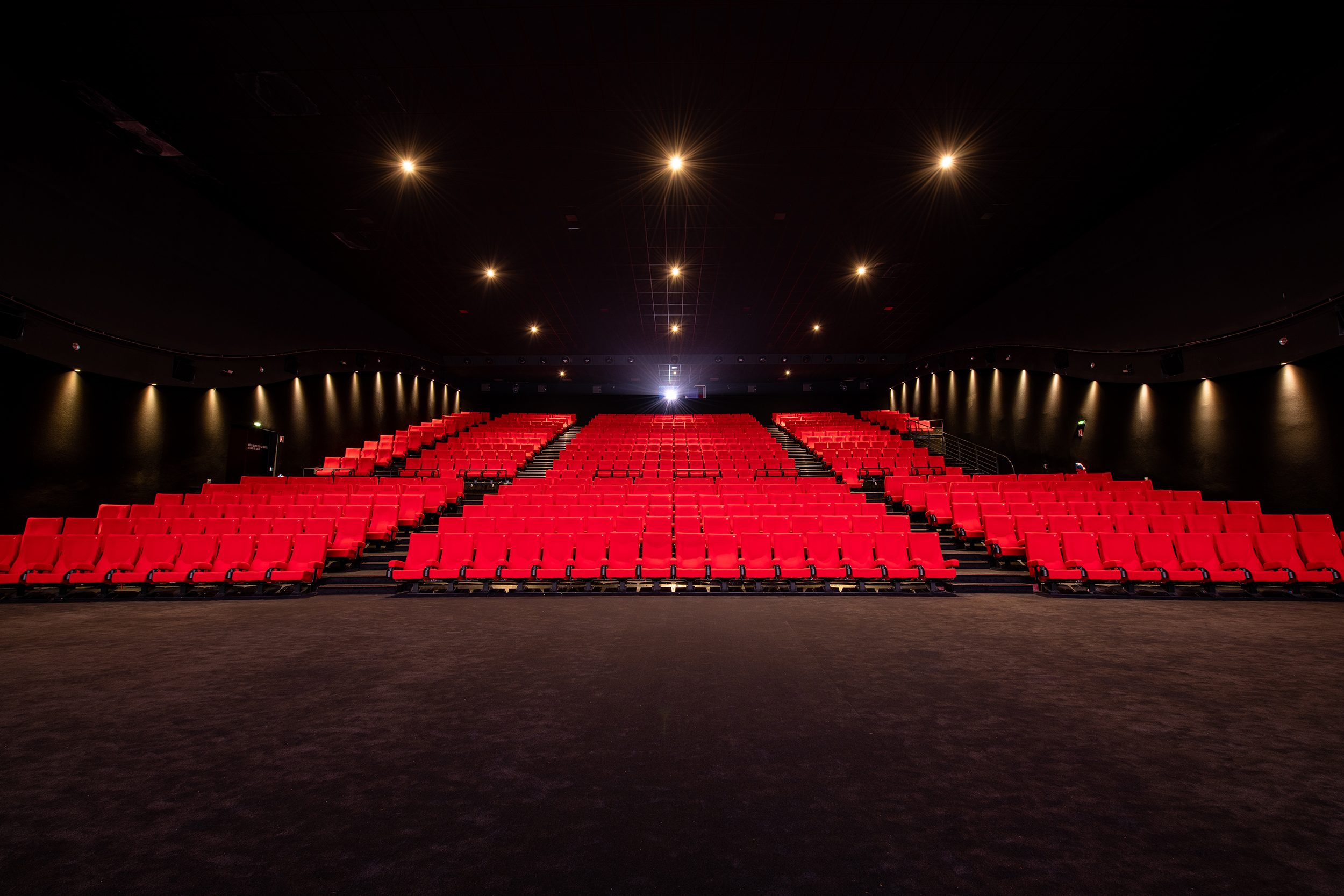 Vu d'ensemble de face d'une grande salle avec ses fauteuils en velours rouge.