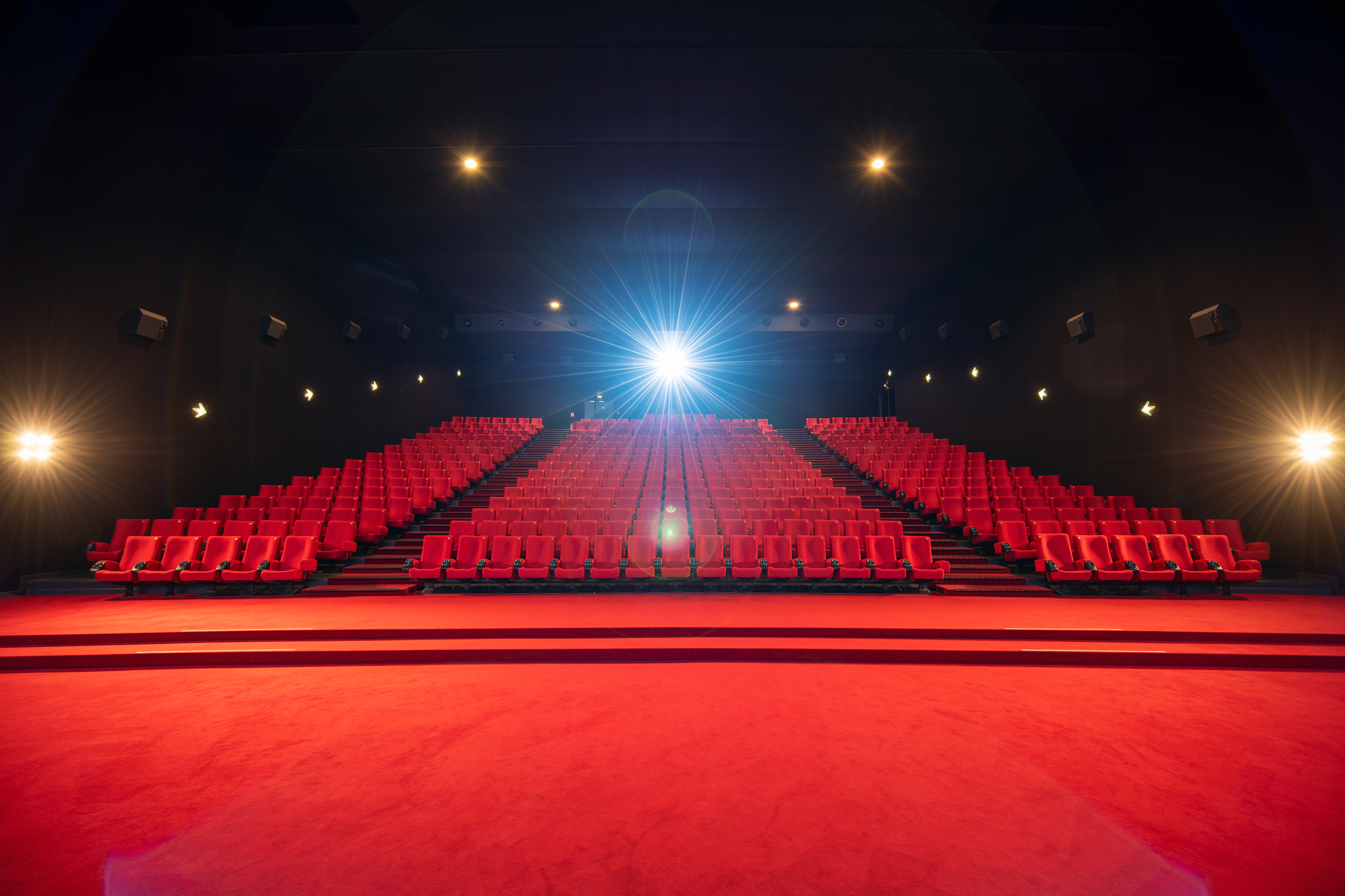 Vu d'ensemble de face d'une grande salle avec ses fauteuils en velours rouge.