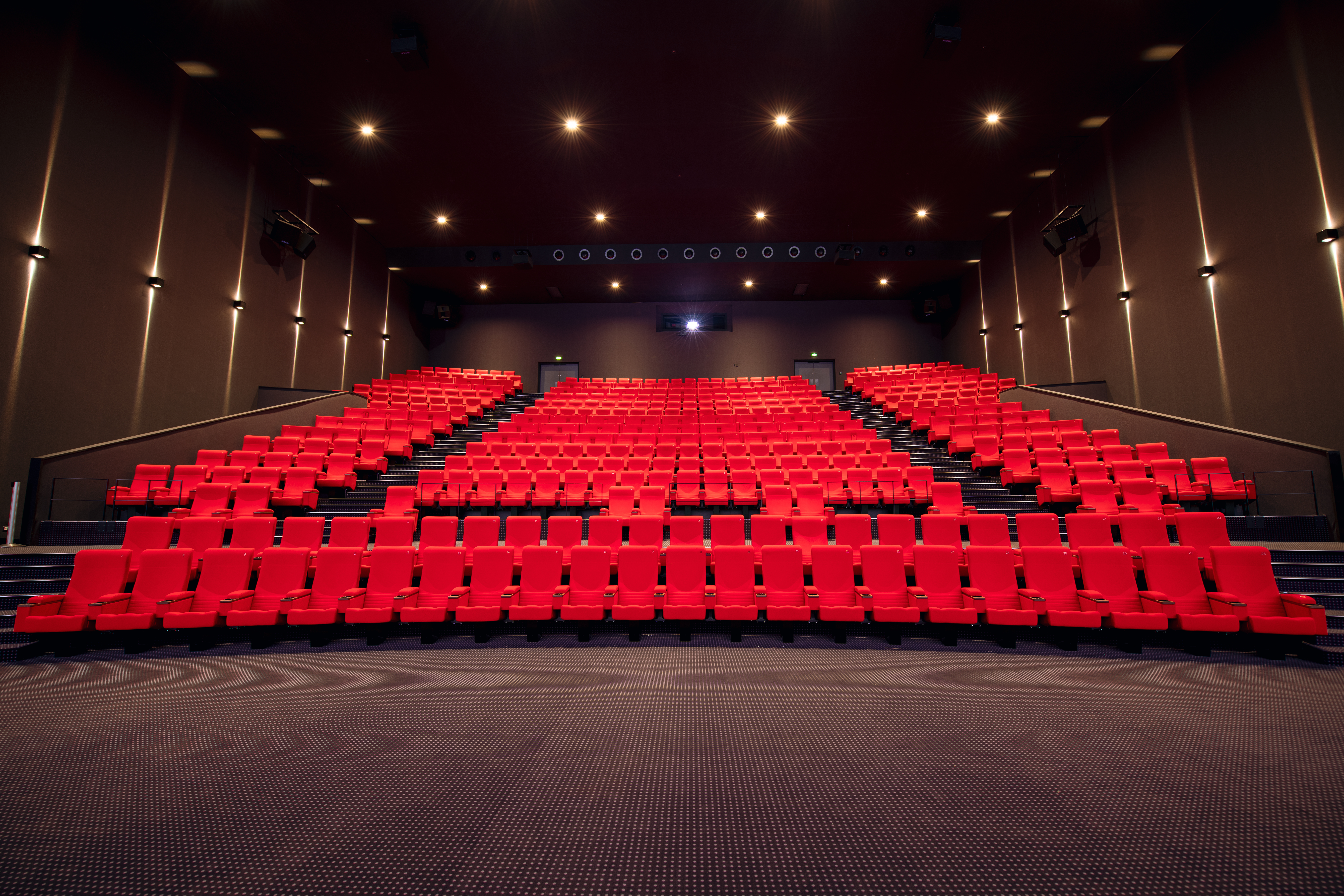 Vu d'ensemble de face d'une salle de cinéma Pathé avec ses fauteuils en velours rouge et sa moquette rouge.