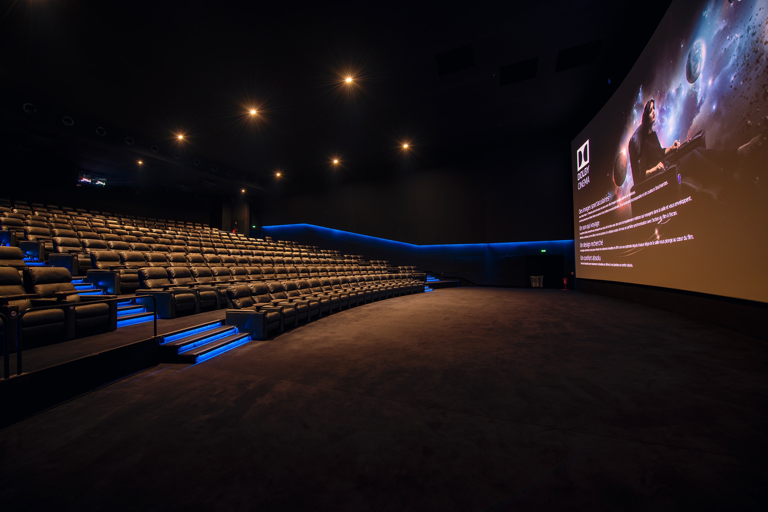 Grande salle de cinéma équipée de fauteuils en cuir noir et de la technologie Dolby Cinema.