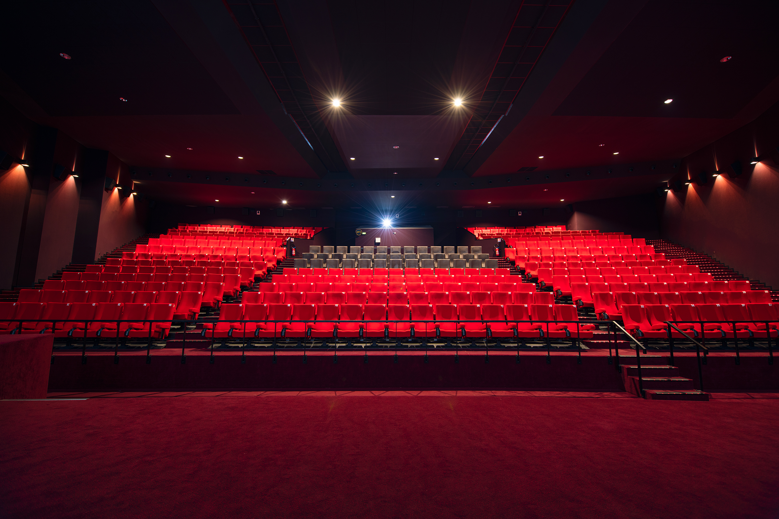 Vu d'ensemble de face d'une grande salle avec ses fauteuils en velours rouge.