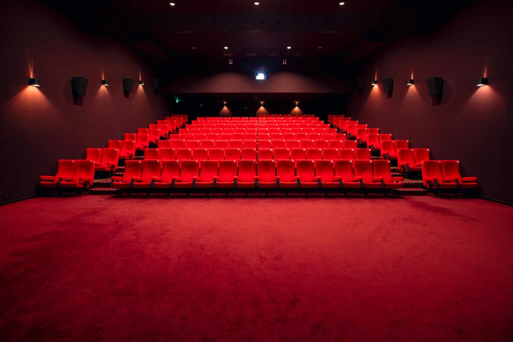Vu d'ensemble de face d'une salle avec ses fauteuils en velours rouge.