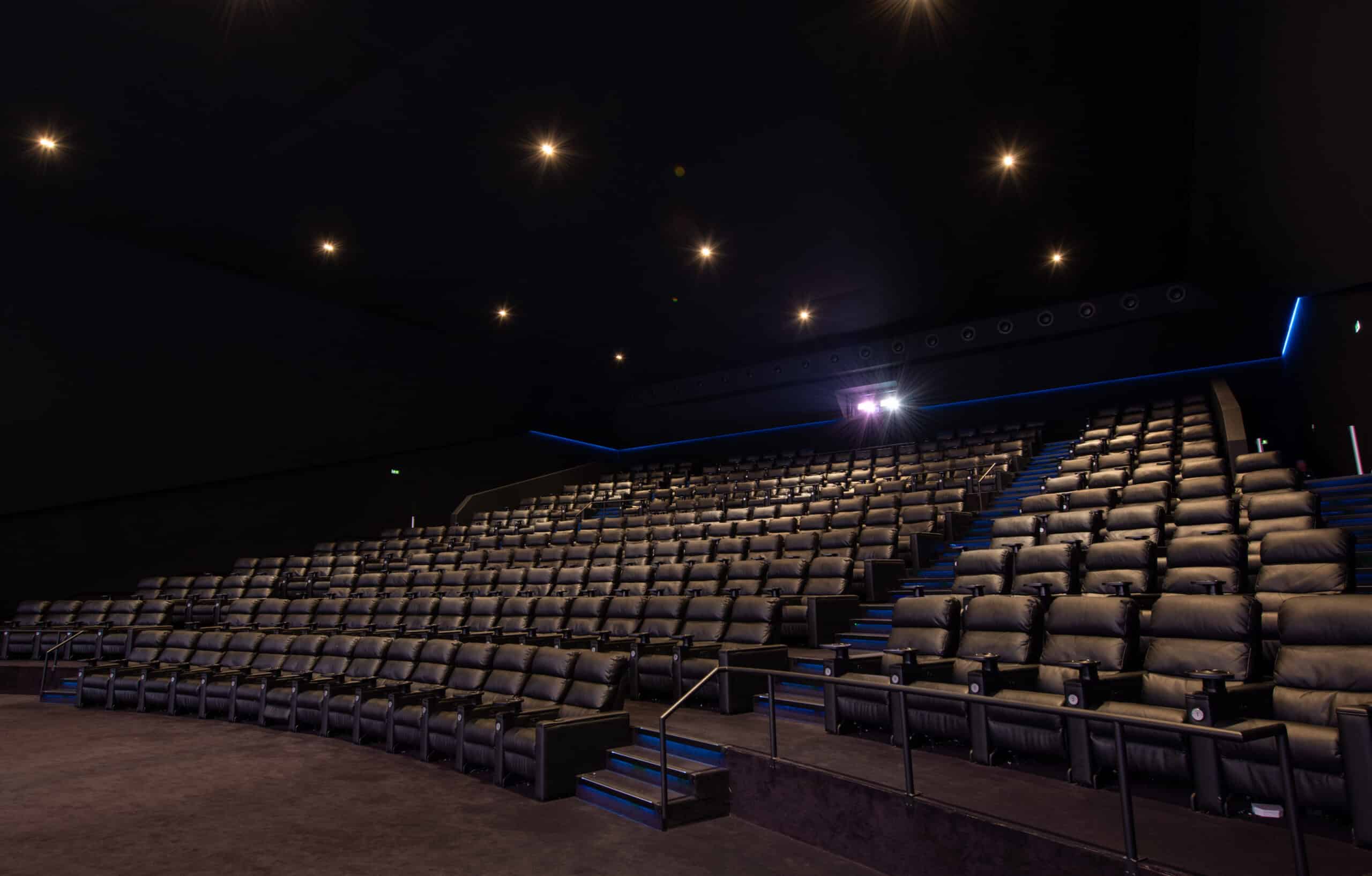 Grande salle de cinéma équipée de fauteuils en cuir noir et de la technologie Dolby Cinéma.
