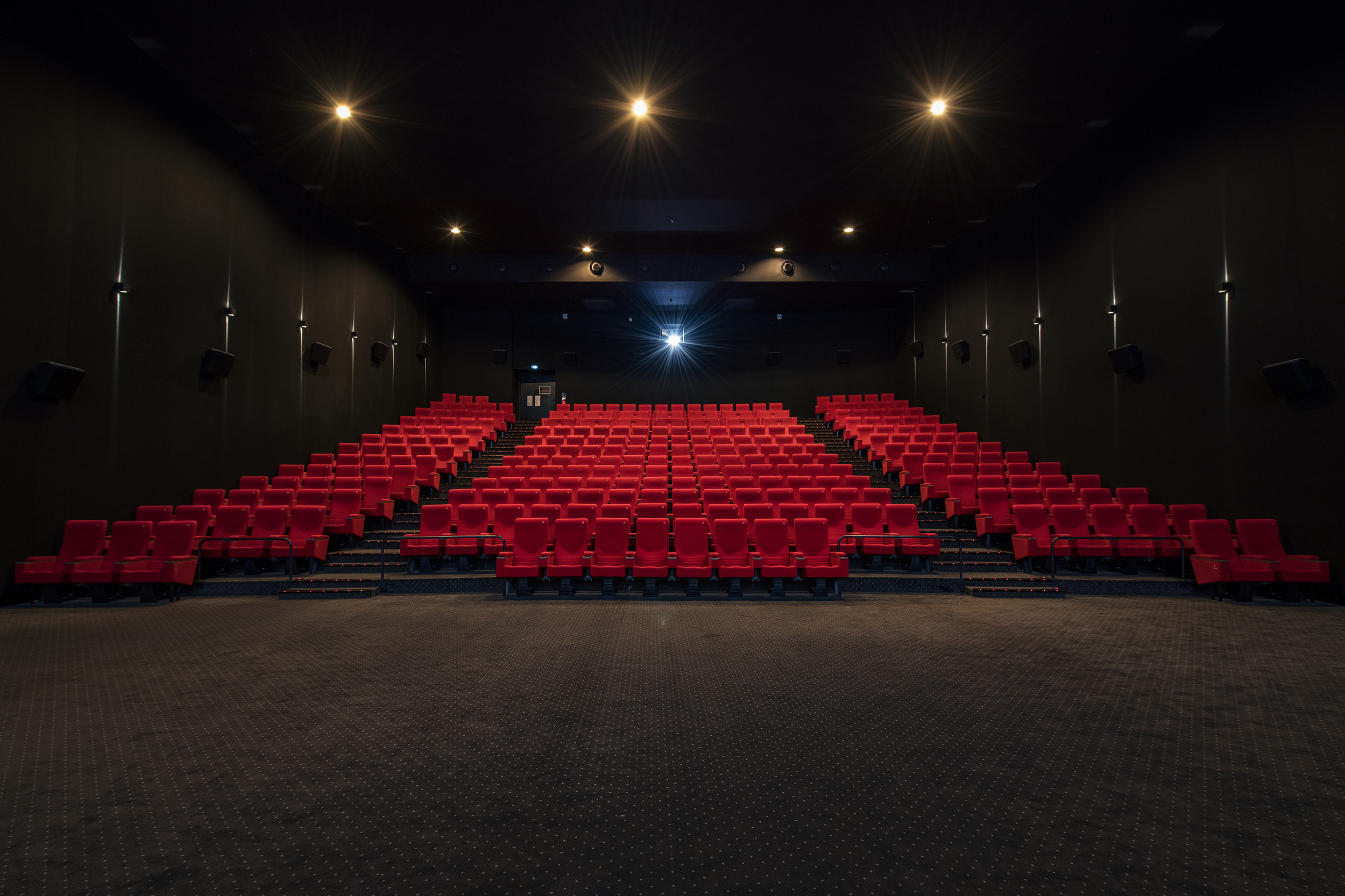 Vu d'ensemble de face d'une grande salle avec ses fauteuils en velours rouge.