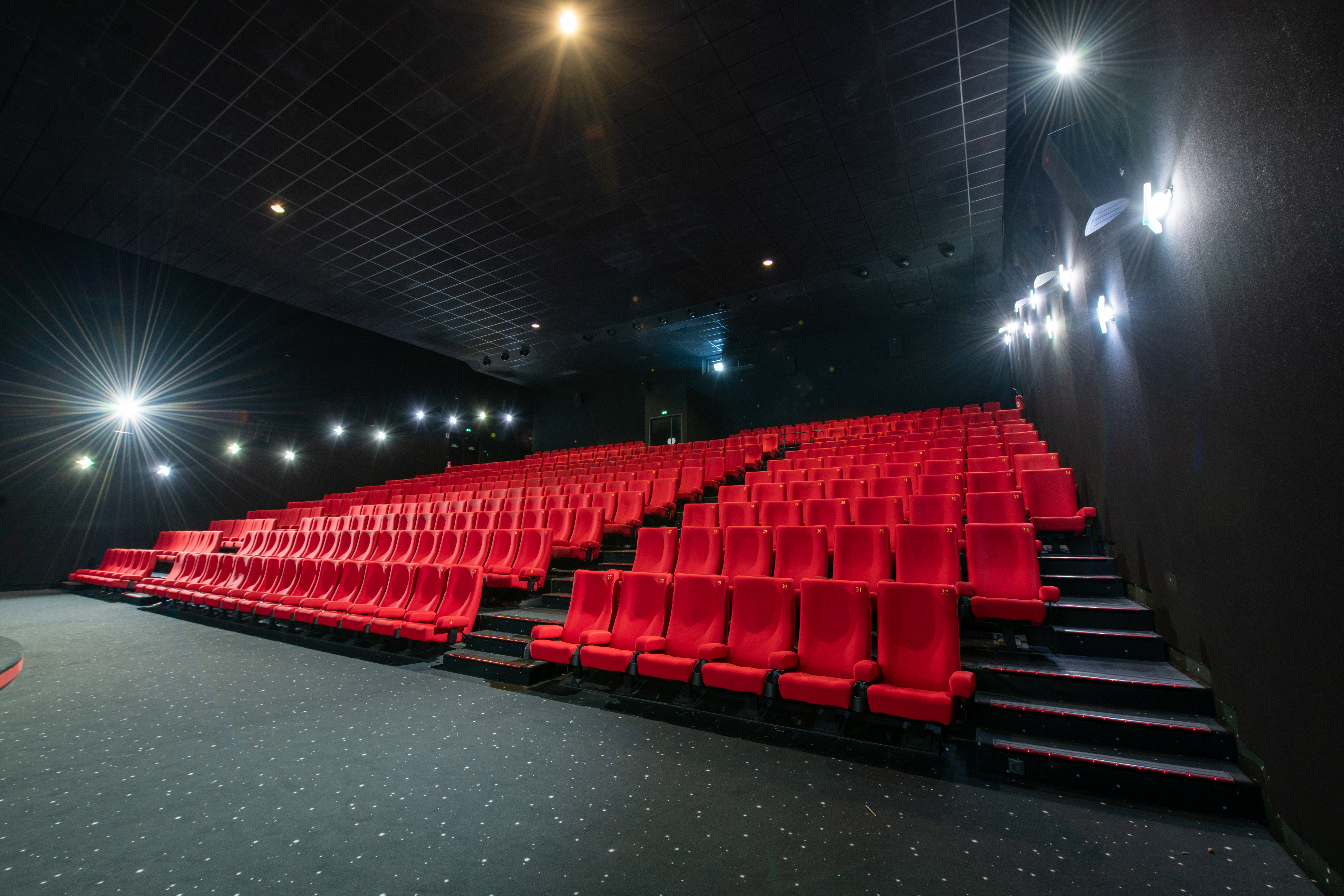 Vue latérale de la salle de cinéma montrant les fauteuils en velours rouges et l’agencement des rangées ainsi que son espace scénique.