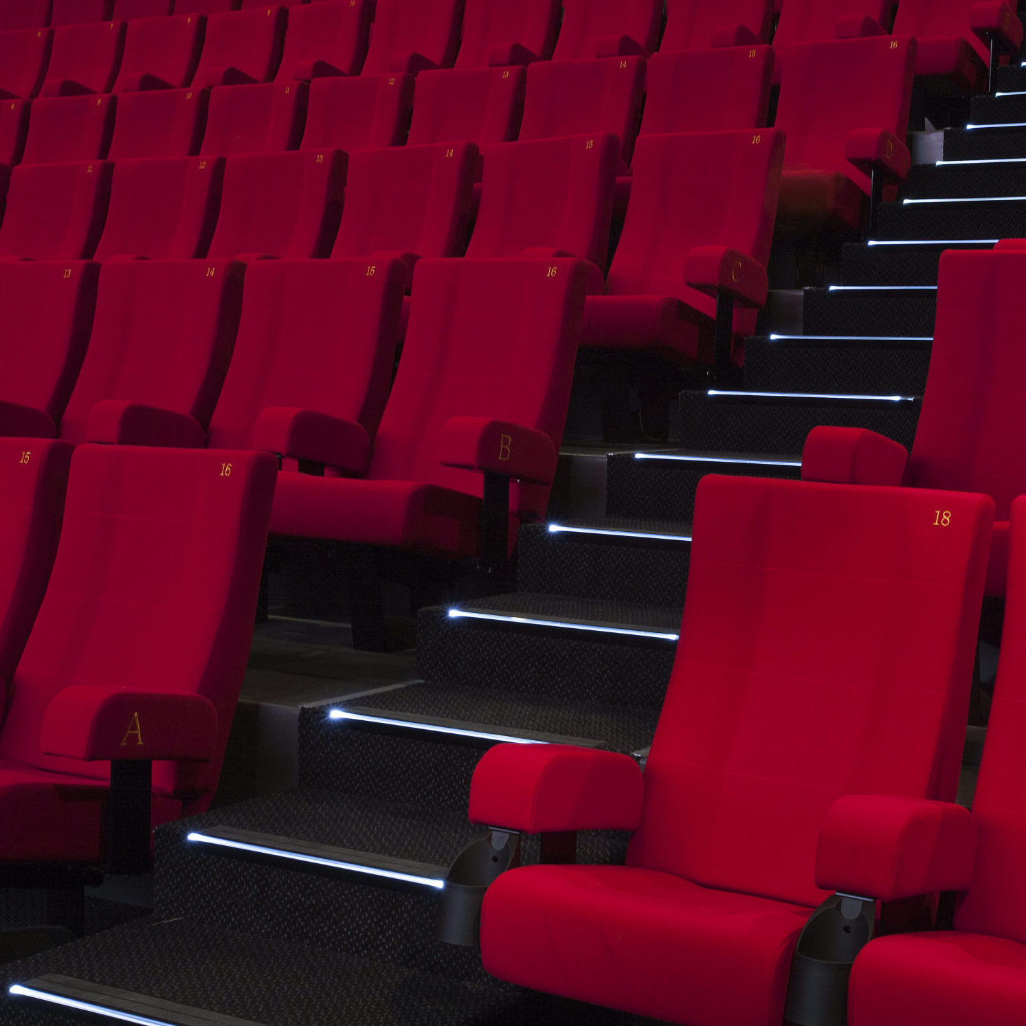 Rangées de fauteuils de cinéma en tissu rouge vif. Chaque siège est numéroté pour faciliter le repérage des places.
