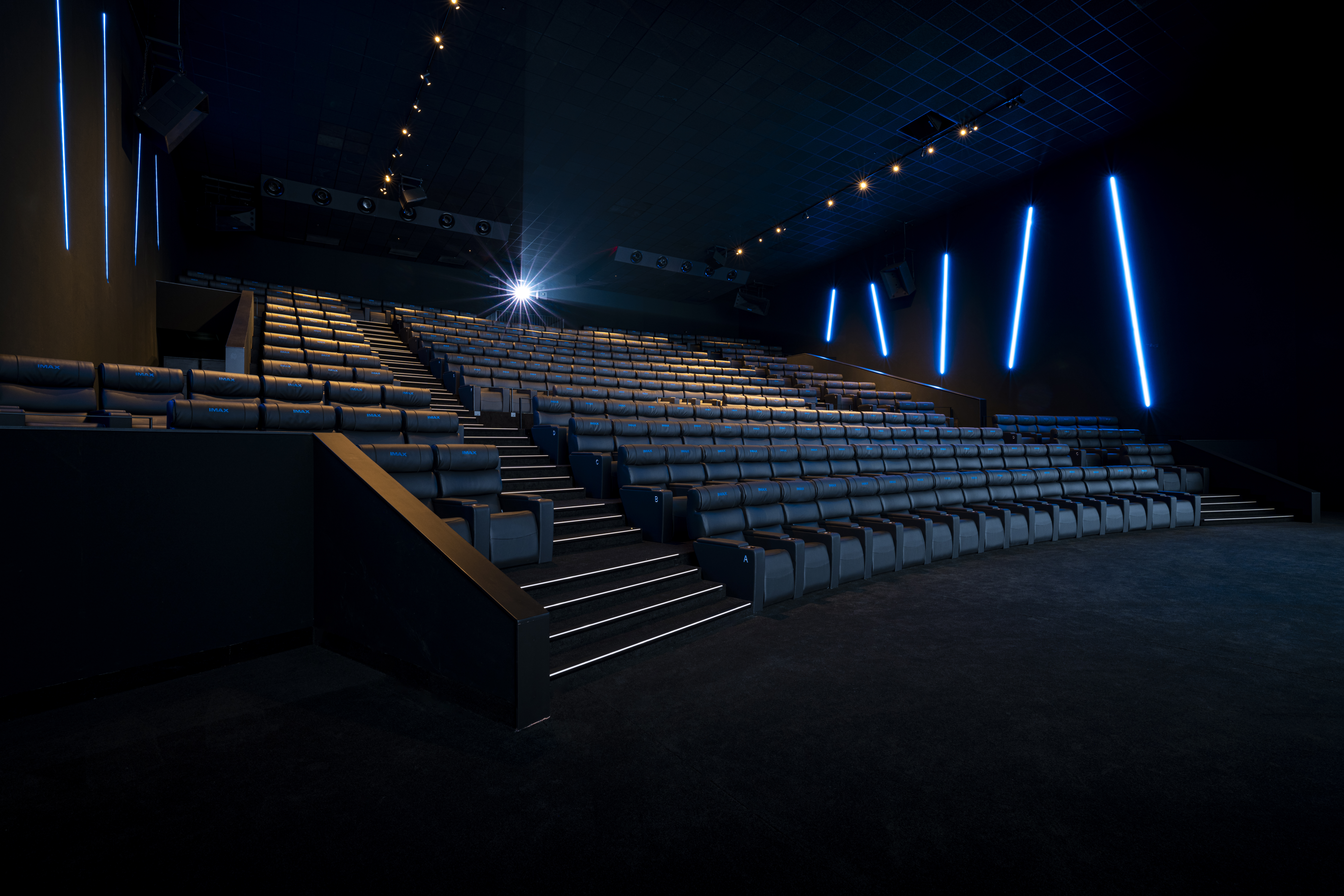 Grande salle de cinéma équipée de fauteuils en cuir noir et de la technologie IMAX.