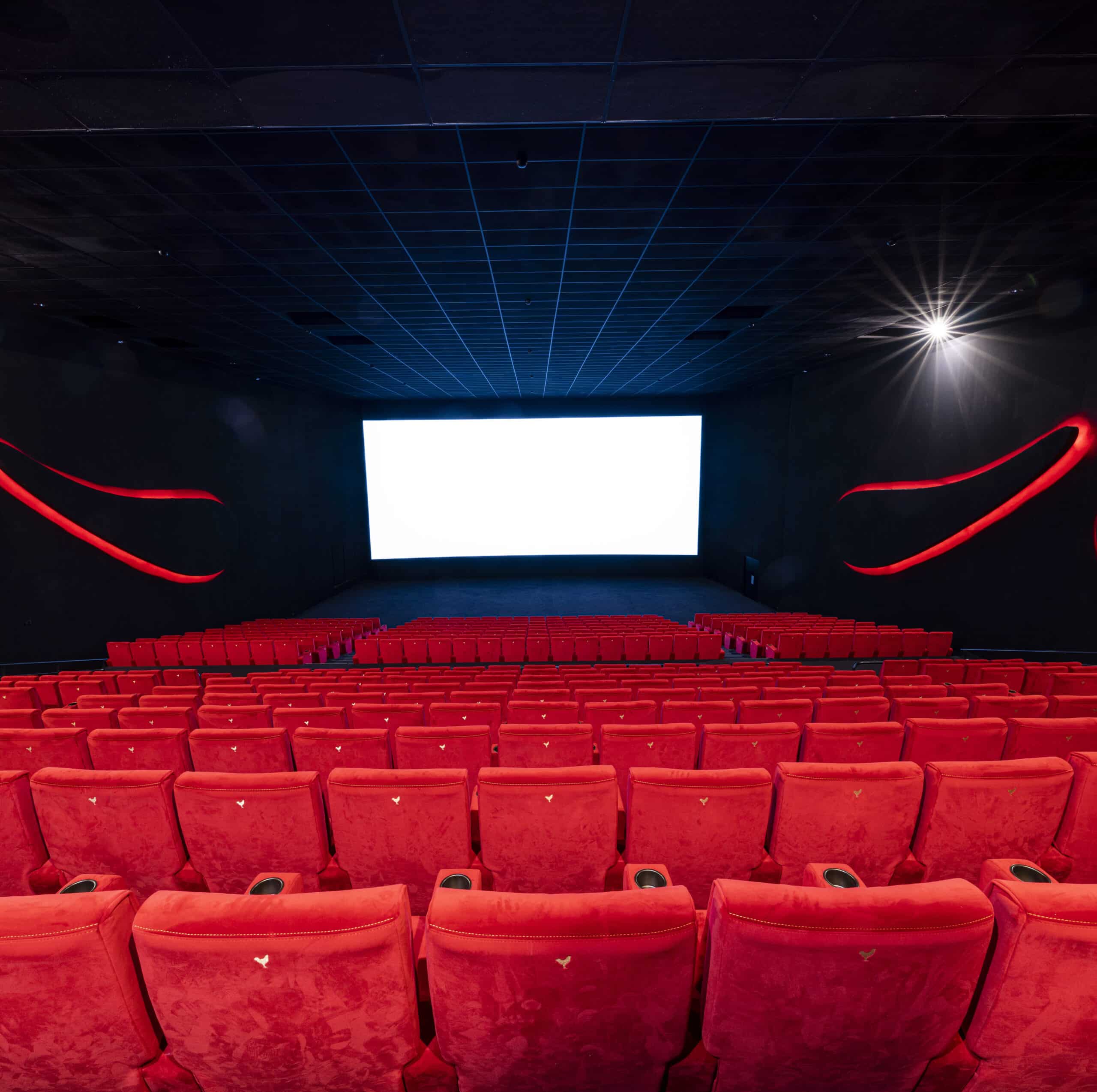 Vue depuis l’arrière d'une salle du cinéma Pathé avec ses rangées de fauteuils en velours rouges orientés vers l’écran.