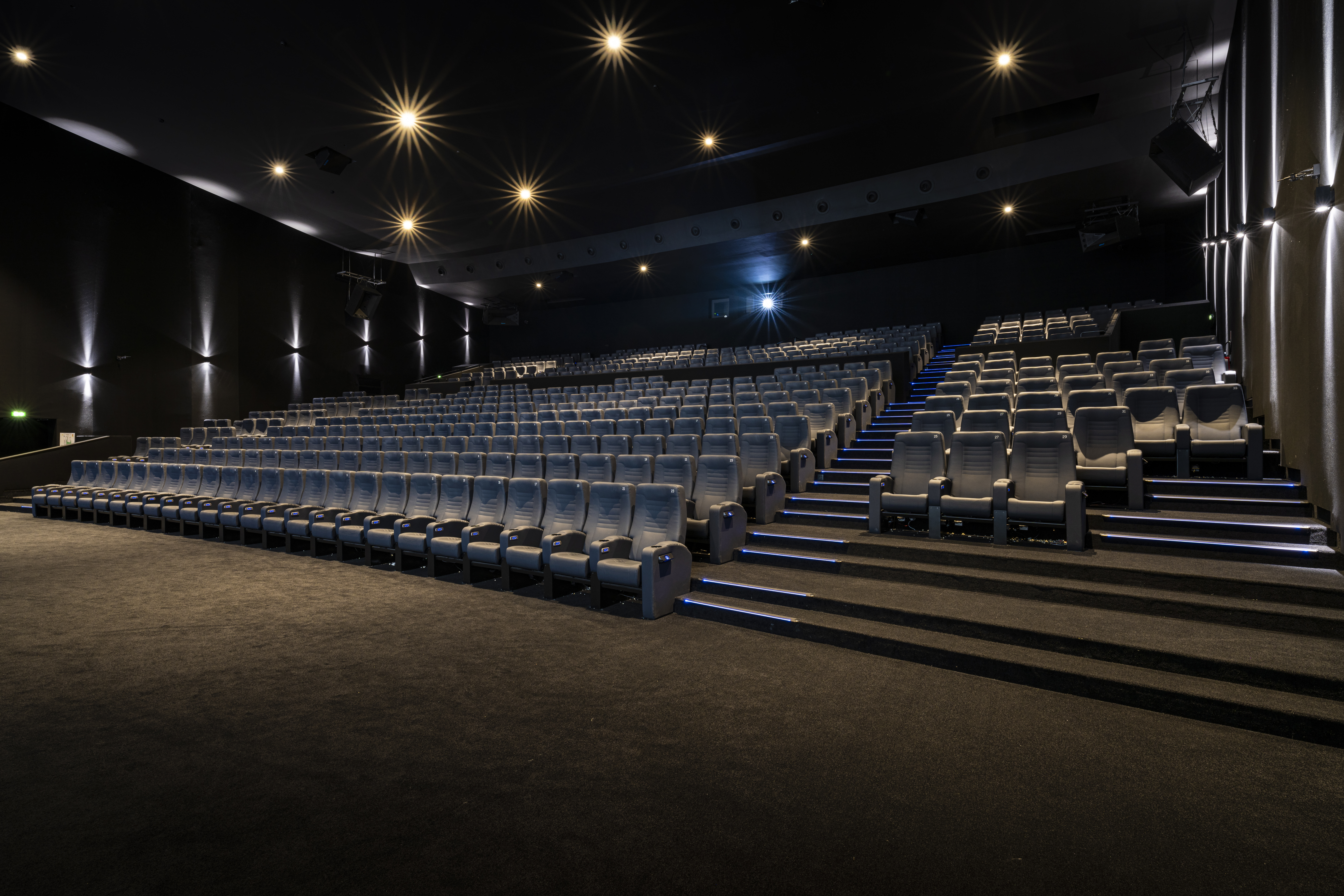Grande salle de cinéma avec rangées de fauteuils confortables et éclairage discret.