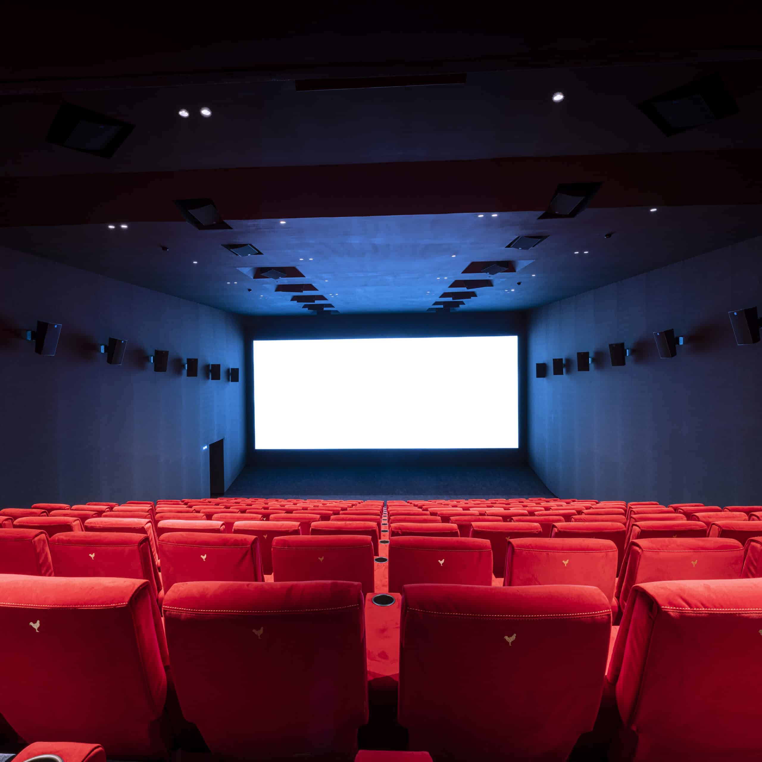 Vue depuis l’arrière d'une salle du cinéma Pathé avec ses rangées de fauteuils en velours rouges orientés vers l’écran.