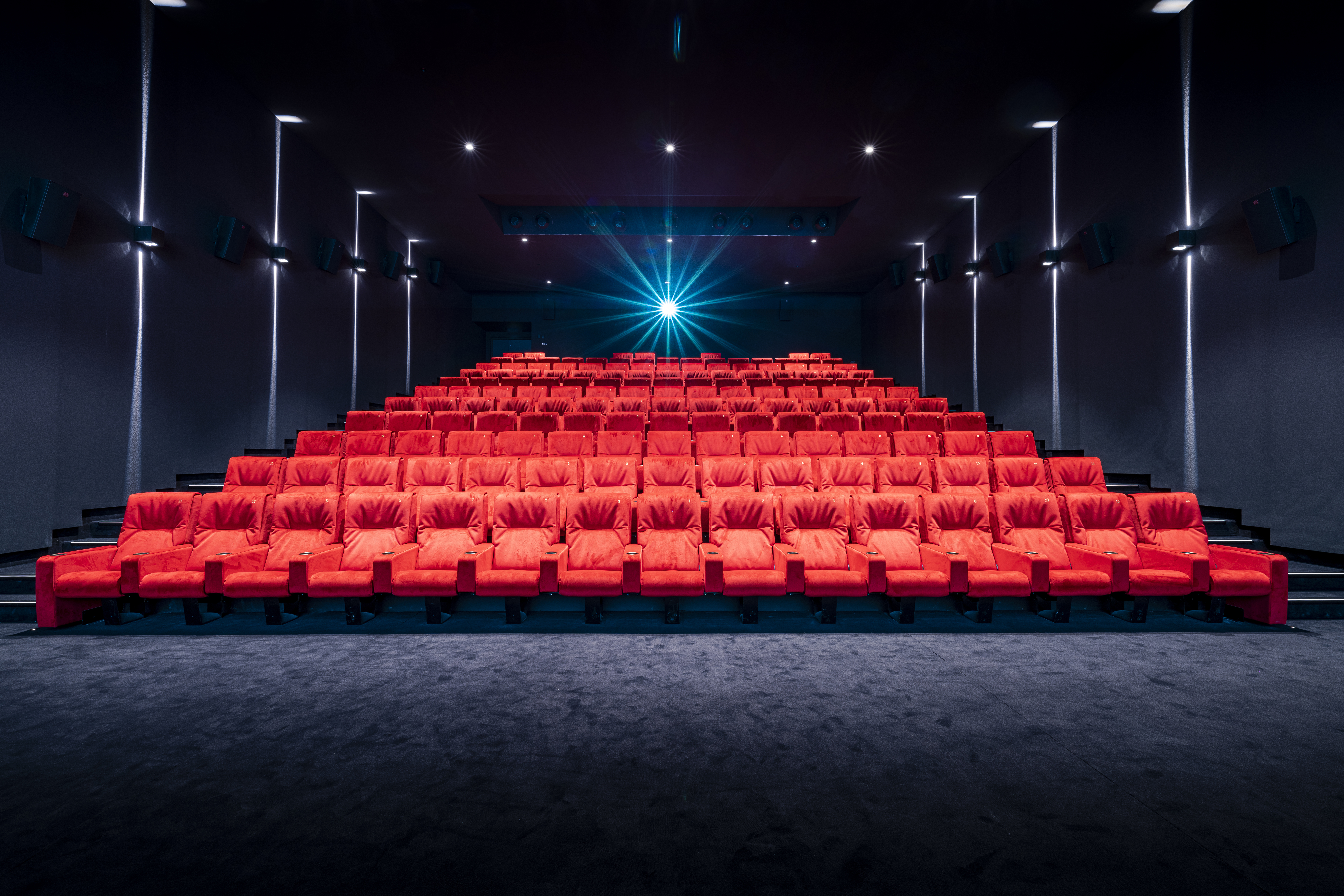 Vu d'ensemble de face d'une grande salle avec ses fauteuils en velours rouge.
