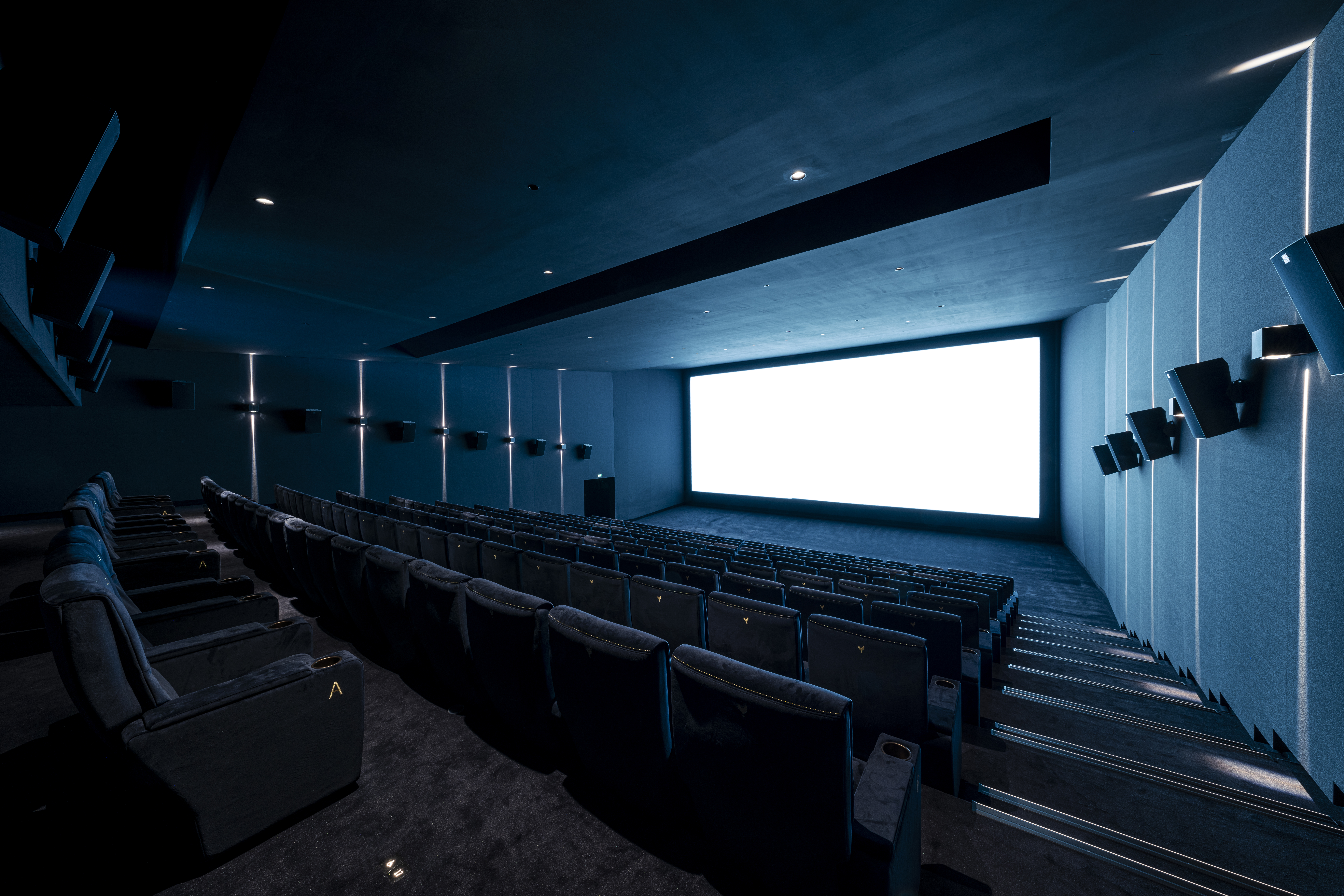 Salle premium avec ses fauteuils en velours noirs dirigés vers l'écran.