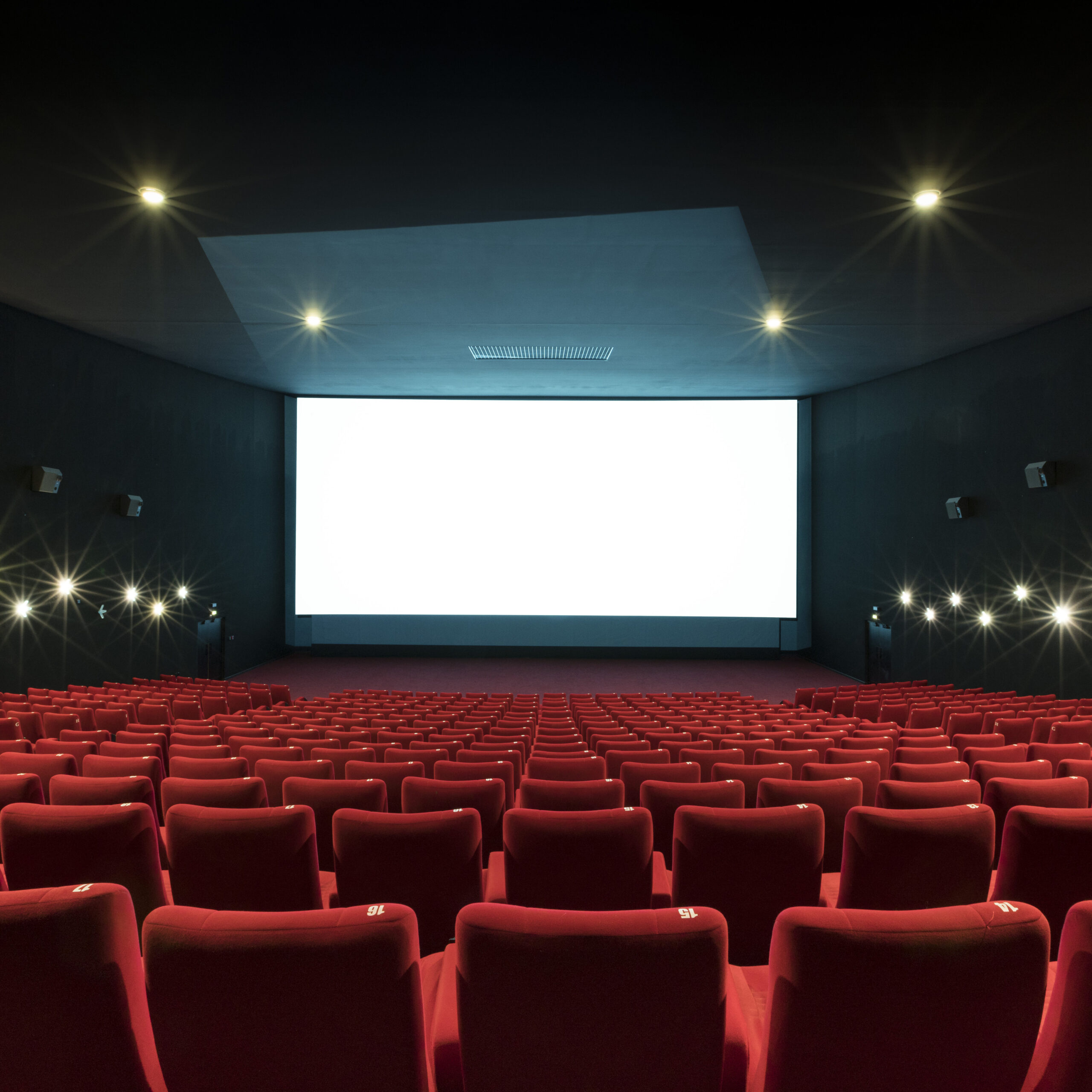 Vue depuis l’arrière d'une salle du cinéma Pathé avec ses rangées de fauteuils en velours rouges orientés vers l’écran.