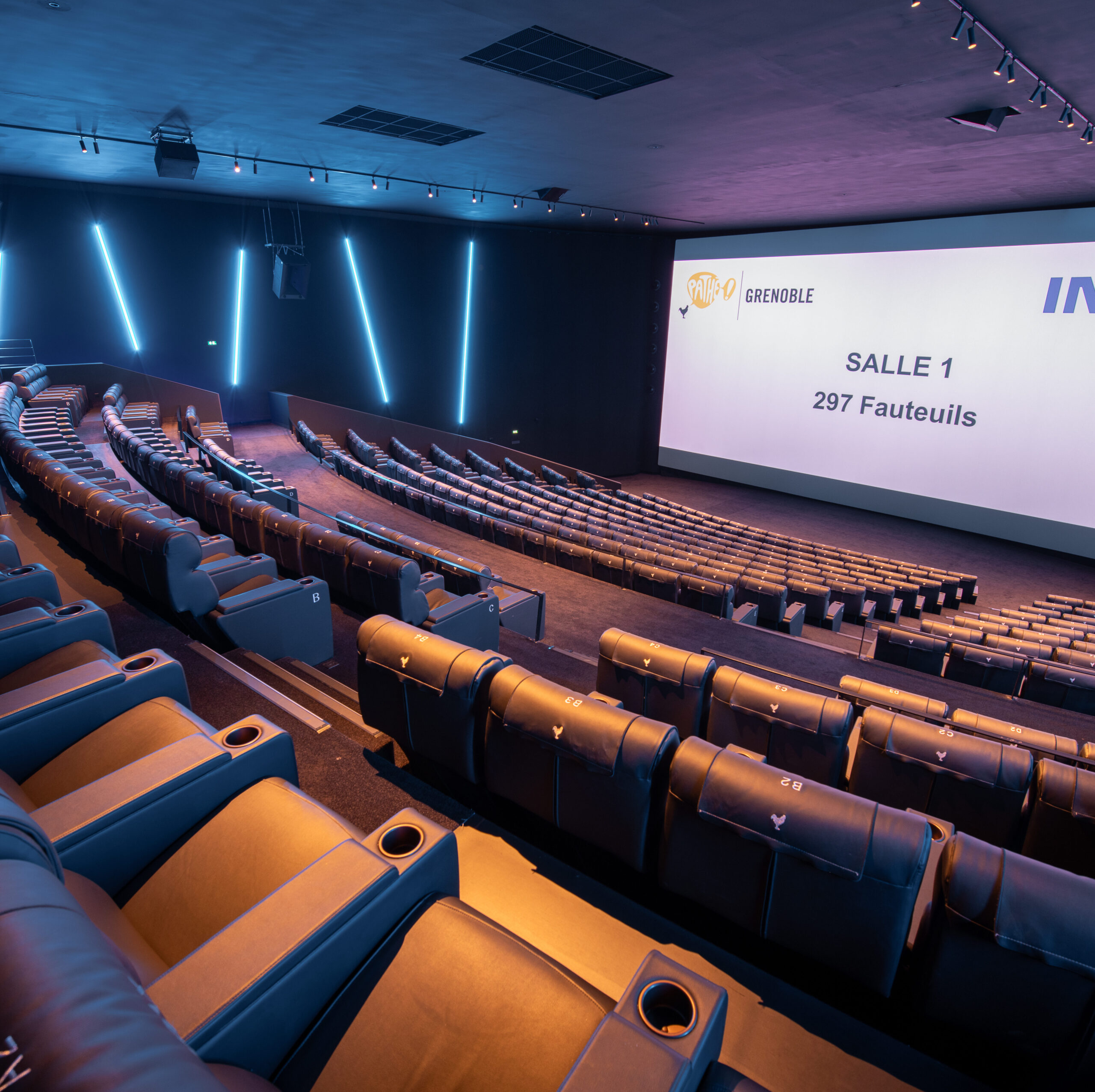 Grande salle de cinéma équipée de fauteuils en cuir noir et de la technologie IMAX.