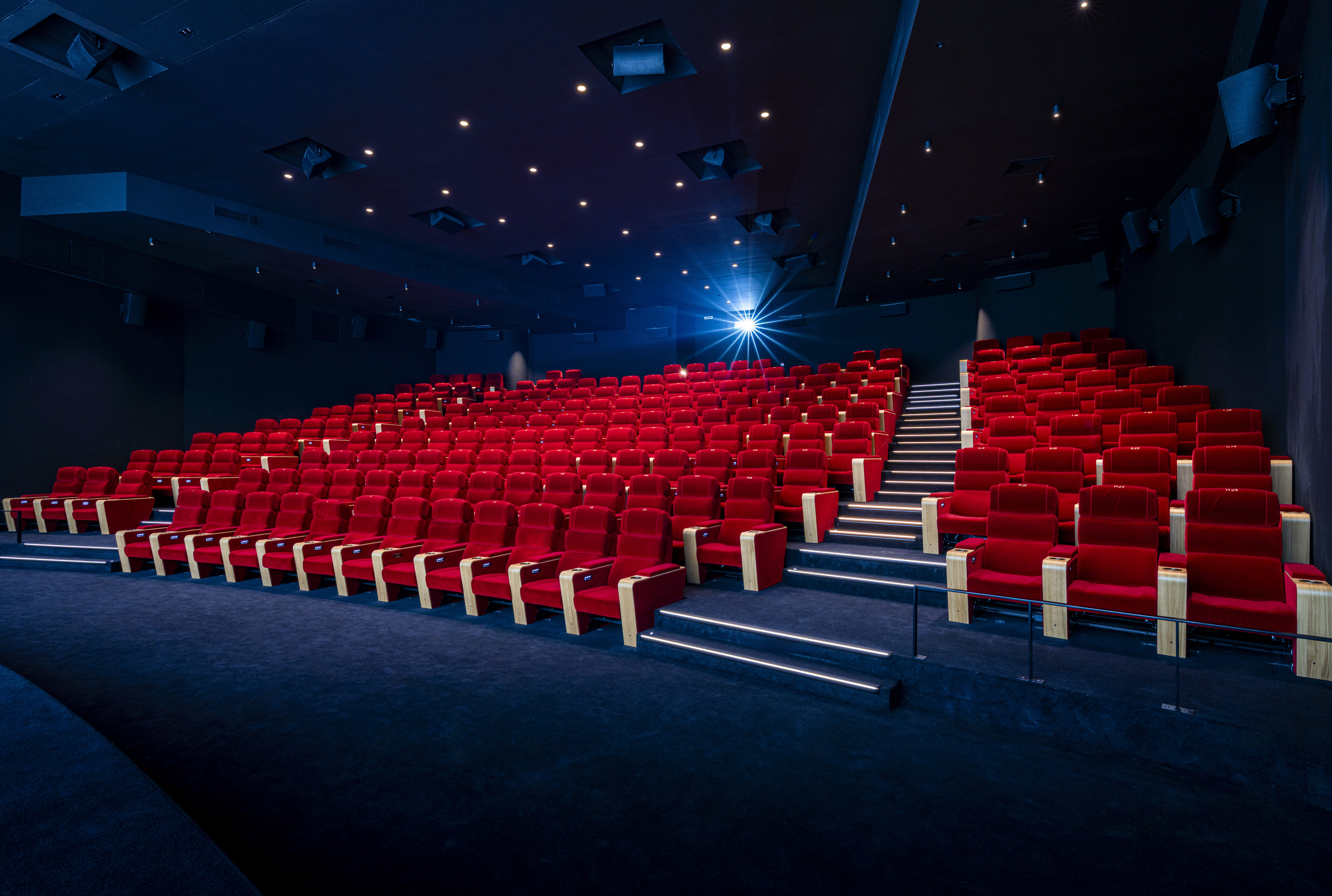 Vue latérale de la salle de cinéma montrant les fauteuils en velours rouges et l’agencement des rangées ainsi que son espace scénique.
